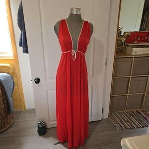 Vintage Red Plunge Nylon Maxi Nightgown, Size S, See Description